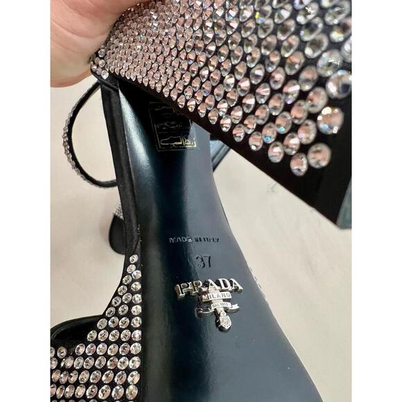 Prada Black Platform Rhinestone Block Heel Open Toe Ankle Strap Heels EU 37 FLAW - Picture 8 of 11